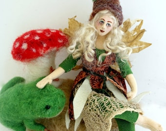 Fairy art cloth doll needle felted forest sculpture unique gift poseable Forest Dwellers