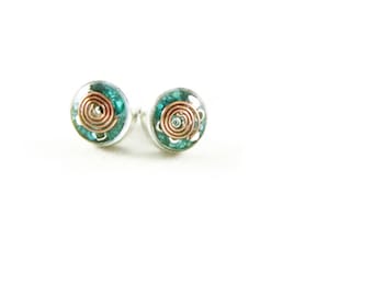 Orgone Energy Tiny Circle Post Earrings - Stud Earrings - Turquoise Gemstone - Simple Earrings - Minimalist - Orgone Energy Jewelry
