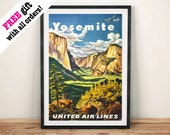Yosemite Park Poster: Vintage Aerolínea Anuncio de viaje, Mountain Art Print Wall Colgando