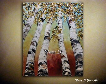 Birch Trees Painting Abstract Textured Painting Autumn Leaves Large Original Artwork Palette Knife Colorful Fall Tree Home Decor by Nata S.