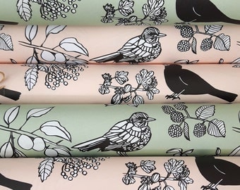 Birds and Berries Gift Wrap: 2 sheets Pink or Green. Bird pattern wrapping paper. Eco friendly recycled paper, vegetable based inks. 50x70cm