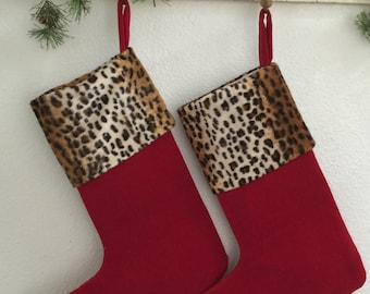 SALE***Cheetah Cuff, Red Velvet Christmas Stockings (2)
