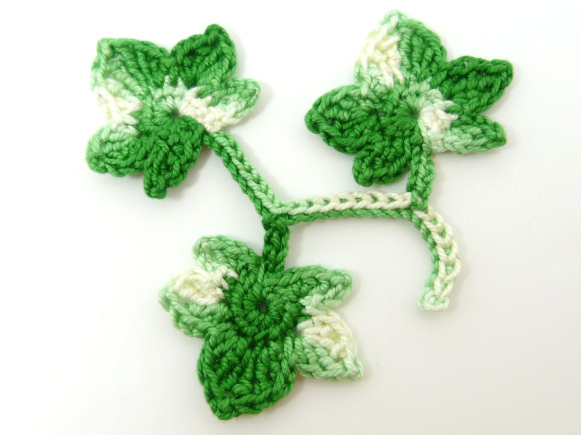 Crochet appliques 3 bright green applique ivy leaves