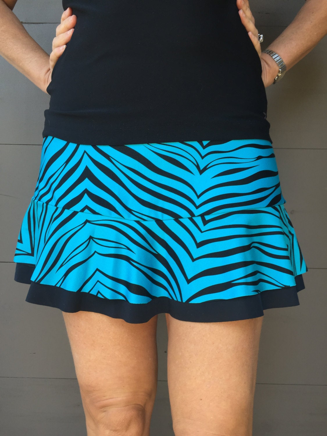 Medium Running Skirt Turquoise Black Zebra Animal Print Ruffle