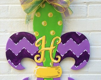 Mardi Gras Fleur de Lis Wooden Door Hanger Monogrammed