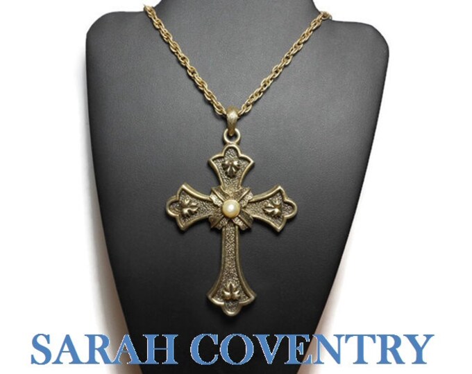 FREE SHIPPING Sarah Coventry cross pendant, Peace Cross, Limited Edition 1975, large antiqued gold, original chain, faux pearl center