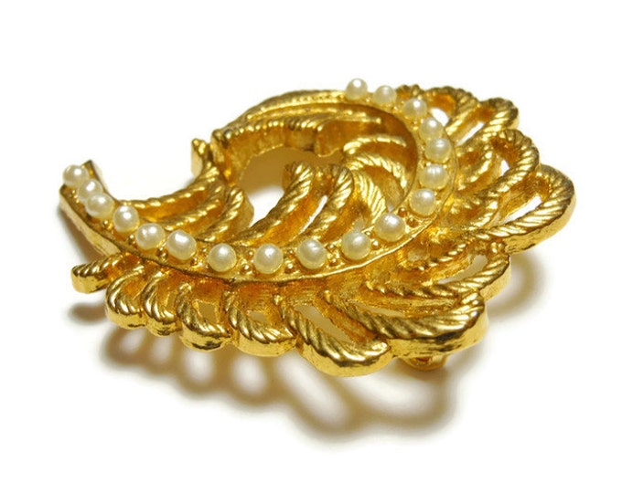 AAI gold leaf brooch, fern leaf, seed pearl vein, swirled pattern, designer signed, figural pin