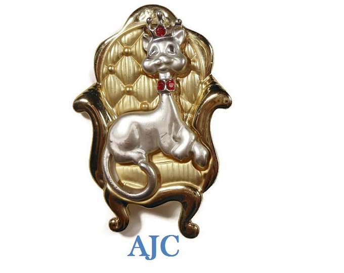 FREE SHIPPING Rare AJC royal cat on throne brooch, red rhinestone tiara and red rhinestone collar silver gold tone gloss and matte finish