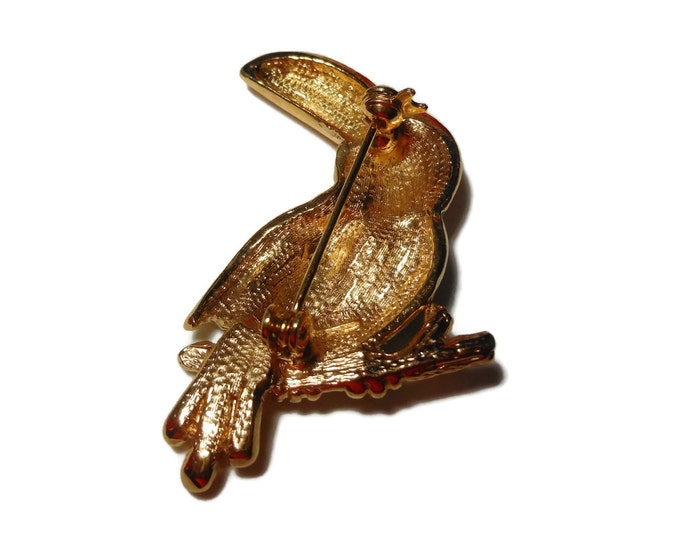 FREE SHIPPING Roman signed Toucan brooch, green enamel pin, pave rhinestone, green eye, figural bird on branch, gold tone