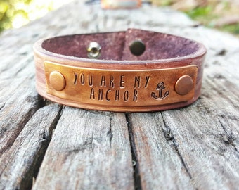 custom leather cuff, anchor bracelet, leather anchor bracelet, anchor cuff, personalized leather bracelet, you are my anchor, stamped cuff