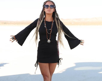 BLACK Playful Priestess Dress, Festival Dress, Festival Clothing, Hippie Dress, Burning Man, Gypsy, Boho, Boho Dress, Bell Sleeves
