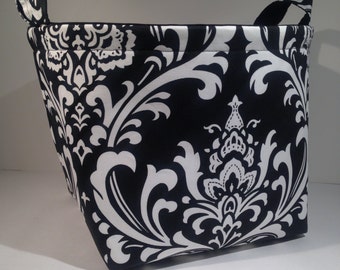 Extra Large 10 x 10 x 10 Fabric Basket Organizer Bin Storage Container- White on Black Damask Print with Solid Black Interior