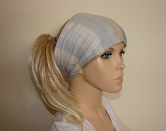 grey striped head scarf, jersey turban headband, hippie hair wrap, chemo woman yoga headband, gypsy scarf, woman fashion neck bow