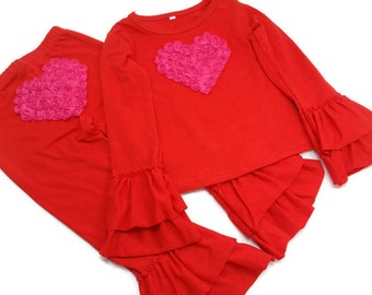 GIRLS RED VALENTINES Outfit- Girls Heart Ruffle Shirt, Red Boutique Outfit, Toddler Valentines Outfit, Baby Girl Outfit, Ruffle Heart Outfit