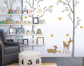 Birch Trees, Birds and Fawns - Nursery Wall Decal