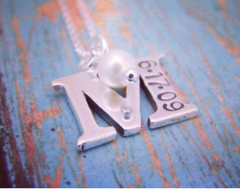 Initial and Date Necklace, Large, Sterling Silver, Letter Initial, Custom Made, Hand Stamped, Personalized Mother Necklace, Letter with Date