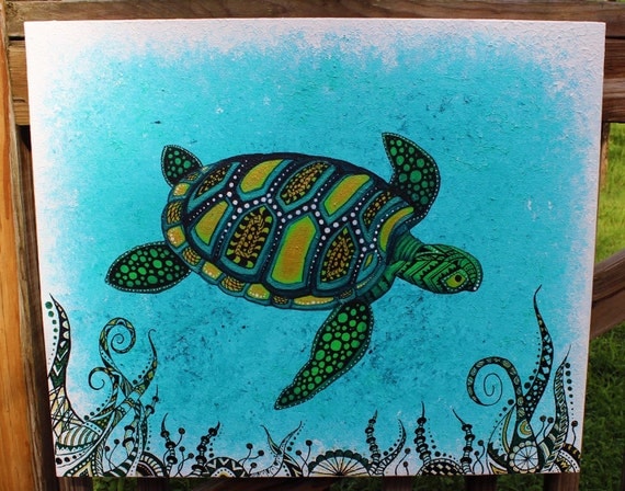 Zentangle Sea Turtle Painting 18 by 24 with blue