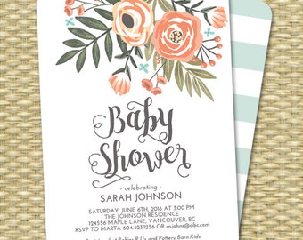 Gender Neutral Floral Baby Shower Invitation Coral Peach Mint Baby Shower Sip and See Diapers and Wipes ANY EVENT