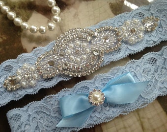 SALE-Wedding Garter-Garters-Stretch lace-blue garter-Garter-Rhinestone-Pearl garter-Keepsake-Something Blue-Lace Garter-bridal garter-ivory