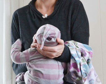 Girl baby hat. Purple and gray stripes. Soft stretchy knit. Size newborn. Fast shipping! (Made by lippy brand)
