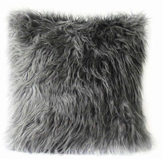 cover plain pillow Mongolian Grey Fur Pillow Cover. Decorative Grey Faux Fur