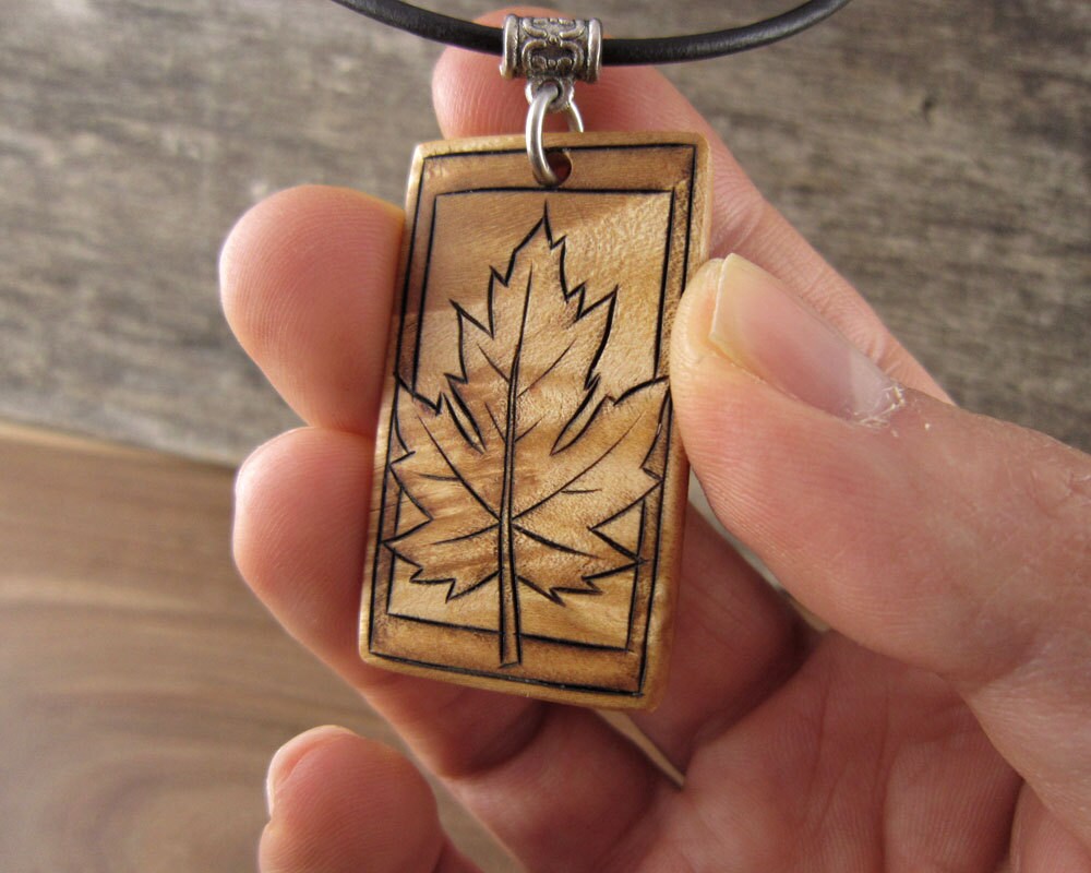 Rustic Maple Leaf Necklace Handmade Pyrography Jewelry Wood