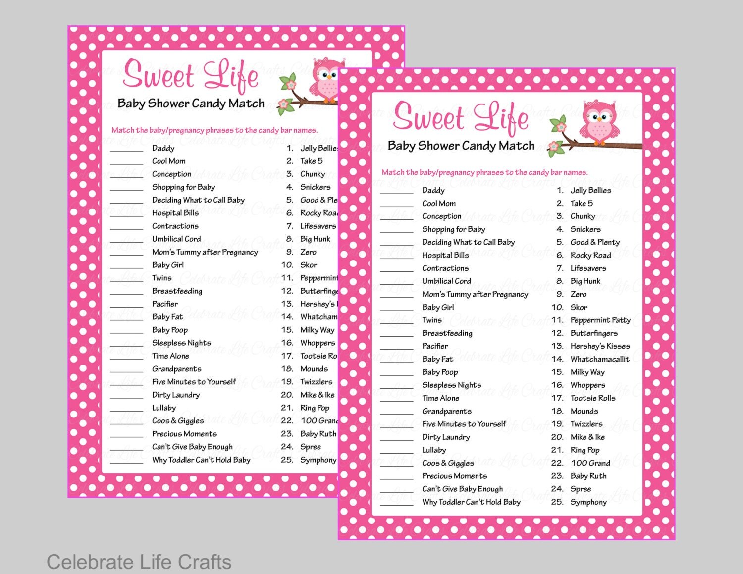 Baby Shower Sweet Life Candy Bar Match Game Printable Baby