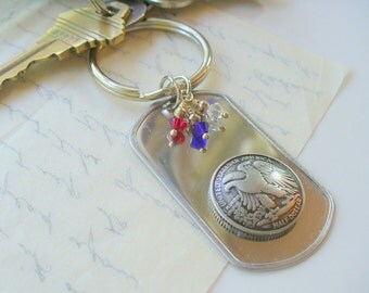 Eagle Dog Tag Keychain, Military Dog Tag, Eagle, Red, White and Blue, Key Chain, Key Fob, Purse, Bag, Key Holder, 4th of July, Forth of July