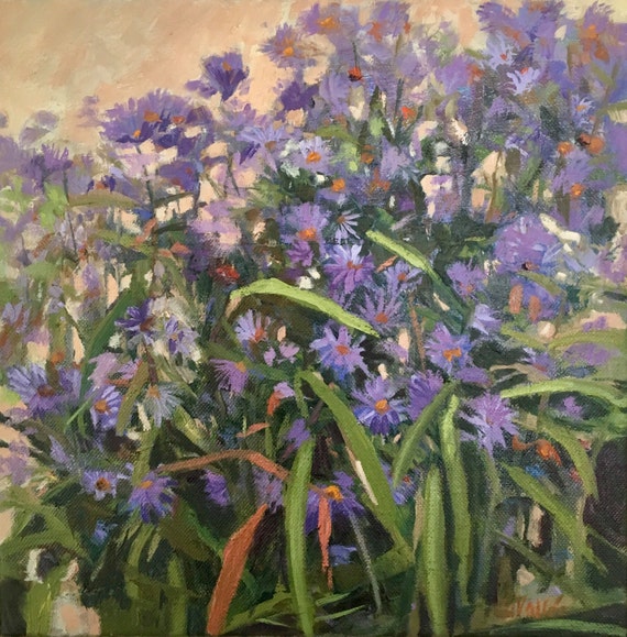 Wildflowers Purple Asters small oil painting