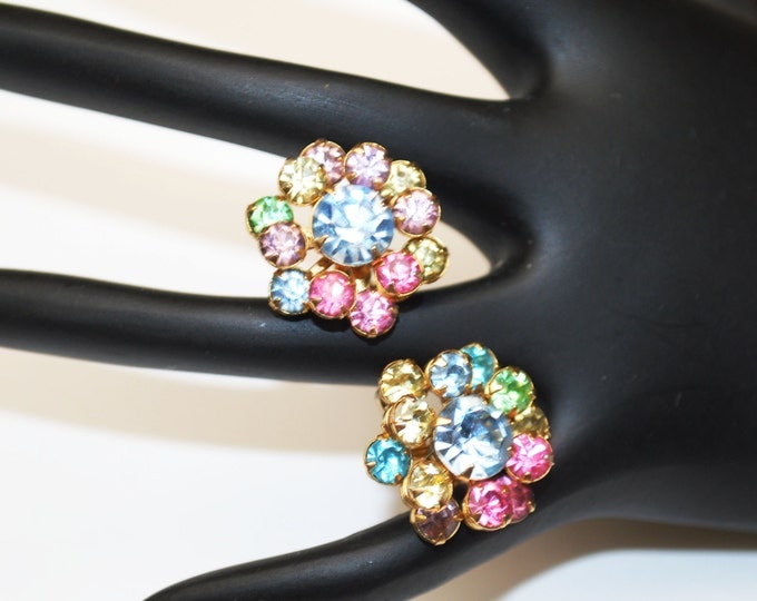 Colorful Rhinestone Earrings glass pronged gold setting screw back earrings mid century