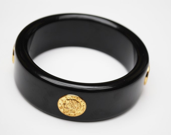 Gold Coin Bracelet - Black Lucite Plastic - Bangle 1980s