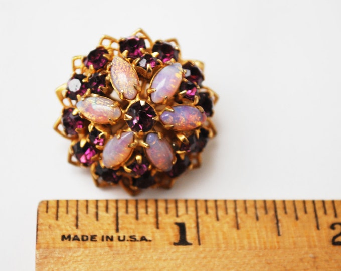 Purple rhinestone brooch - Flower floral - art glass opalescent -domed pin