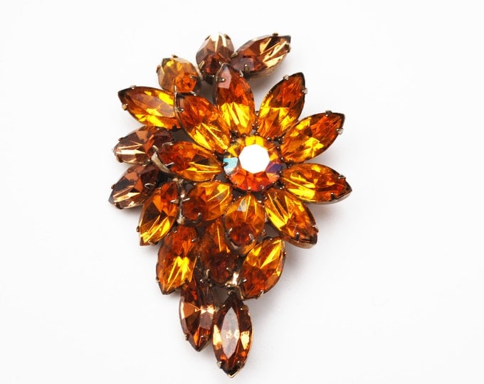 Rhinestone Brooch- Brown orange Crystal - Flower - Floral Pin