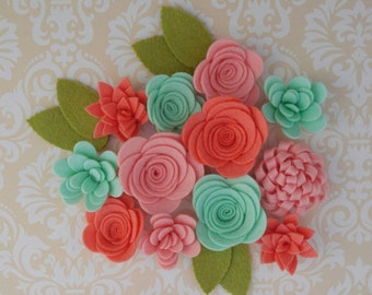 Handmade Wool Felt Flowers, French Peach, Papaya, Celadon.