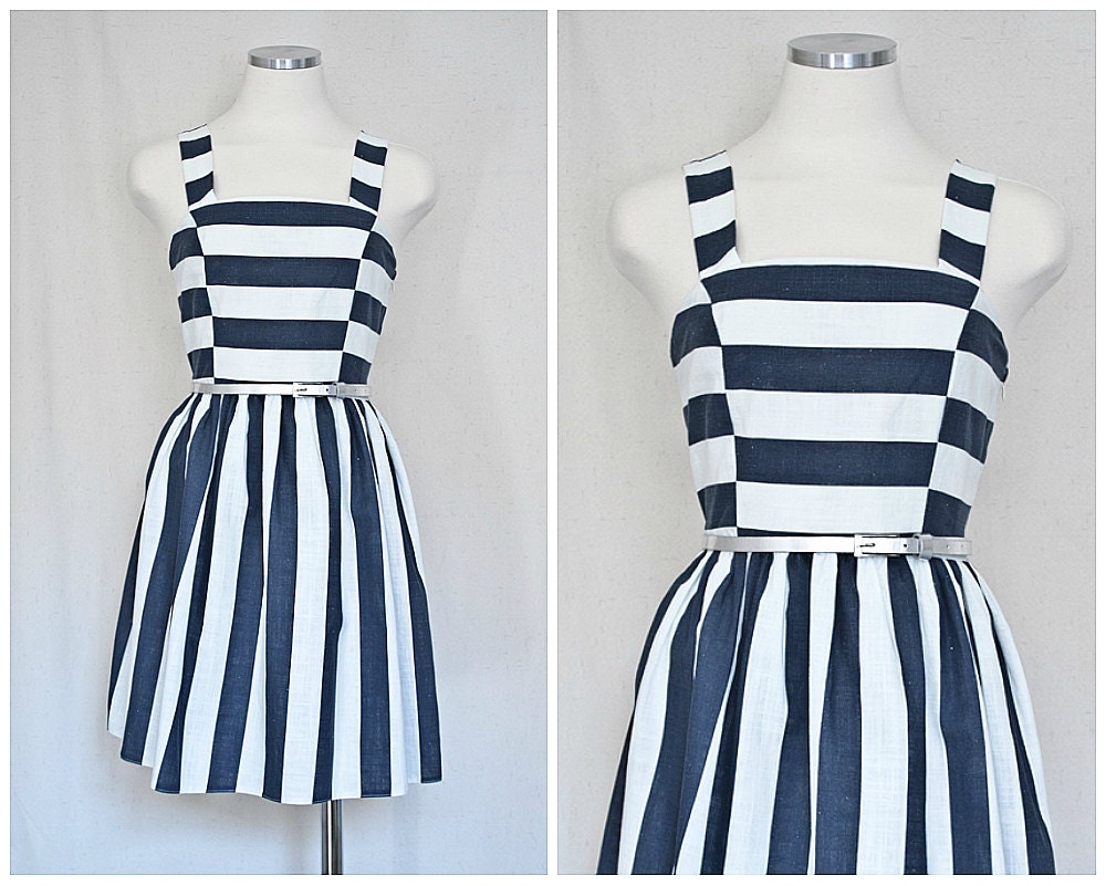 Navy Blue & White Nautical Stripes Tea Dress Boat Cocktail