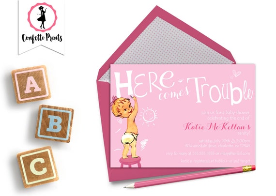 Vintage Baby Shower Invitation | Funny Baby Shower Invitation | Baby Sprinkle | Couples Baby Shower Invite - HERE COMES TROUBLE Printable Il_570xn