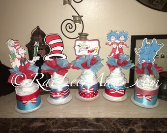 Cat in hat inspired Diapercake minis/Dr Seuss Diapercakes/Dr Seuss Baby Shower Theme/thing 1 and thing 2 diapercakes/one fish, two fish