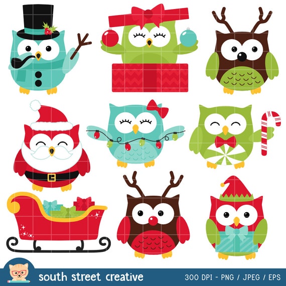 Christmas Owls Elf Reindeer Cute Clipart by SouthStreetCreative