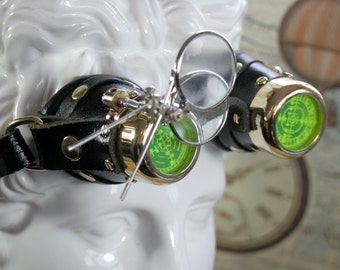 Steampunk, Goggles, small, childs, ladies, black leather, brass, target etched eye pieces, two magnifying lenses
