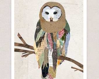 Owl Art Print - Owl Collage Poster Print - Fine Art Collage Illustration Print