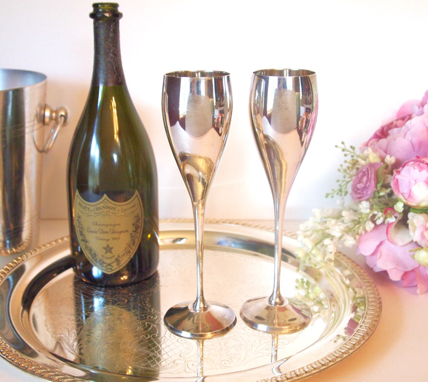 Vintage Silver Champagne Flutes Toasting Glasses for Bride and
