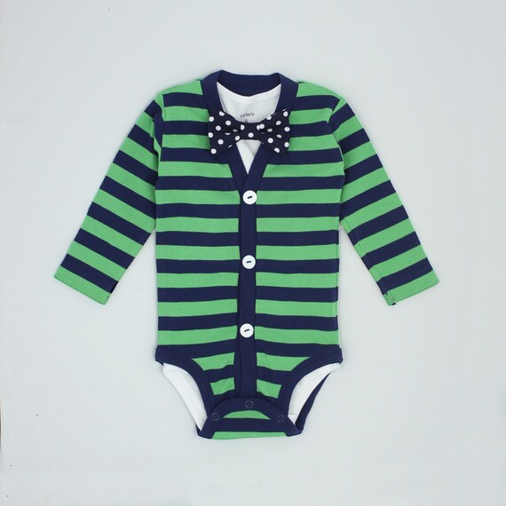 Baby Boy Cardigan and Bow Tie Set Green with Navy Dot