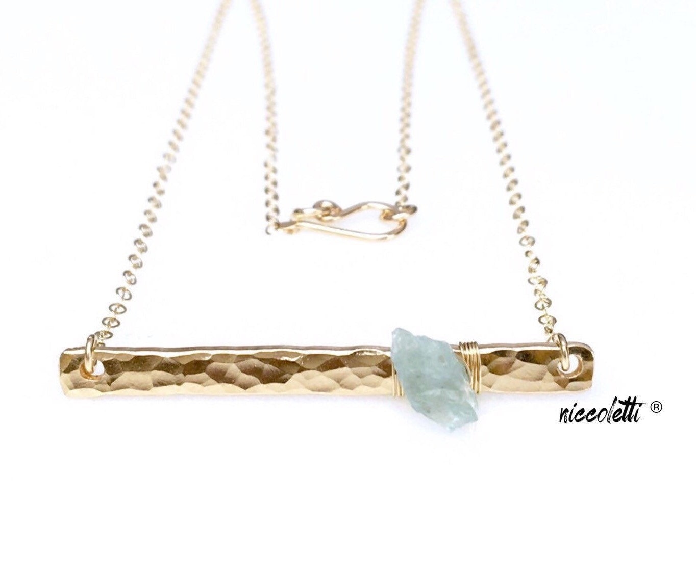 Raw Aquamarine Bar Necklace / 14k Gold Bar Necklace / March Birhstone Gift for Her / Mom Jewelry / Mothers Day Gift / Birthstone Necklace