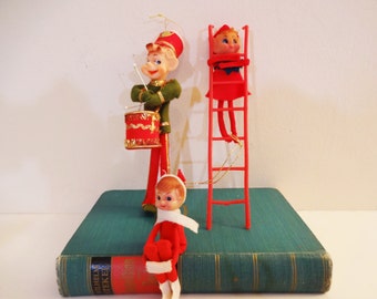 Vintage Holiday Elves - Pixies - Gnomes - Sprites - Knee Huggers - Set of 3 - Pixie Elf Ornaments - Mid Century Holiday Decor