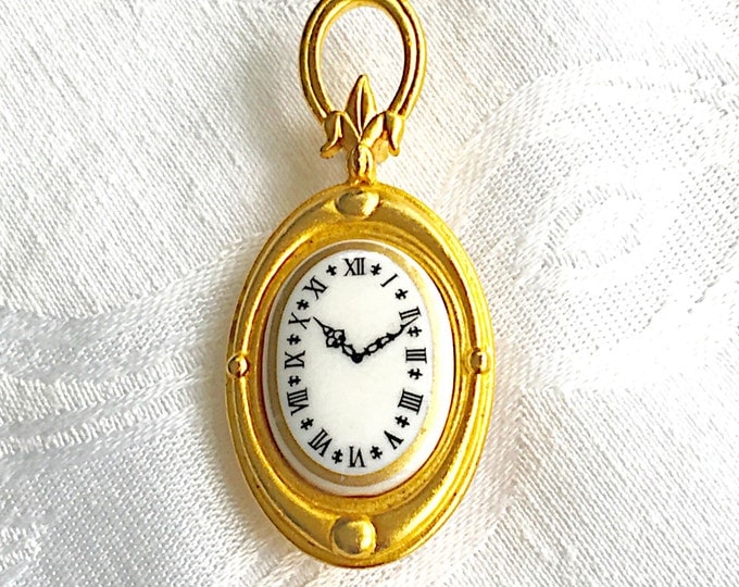 Vintage Watch Brooch, Signed Danecraft Pin, Enamel Watch Face, Fleur de Lis Bale