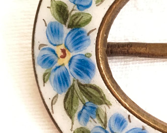 Vintage Enamel Brooch, Forget-Me-Not Flowers, Blue and White Sash Pin, Forget-Me-Not Jewelry