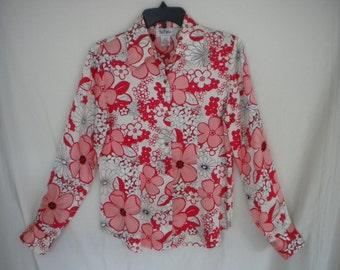 Fleurs de Soie • Bob Mackie Studio vintage tailored silk blouse • coral pink / red / black / white flowers floral • small / medium