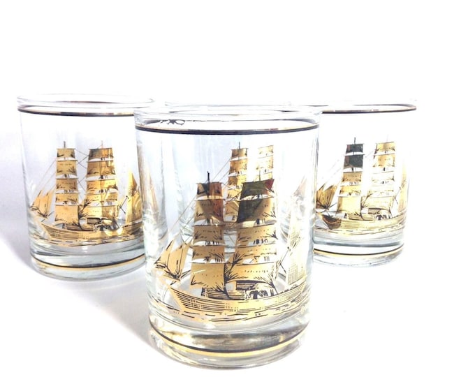 Culver Glasses Clipper Ships, Vintage Crystal Bar Ware Glasses, On The Rocks Tumblers
