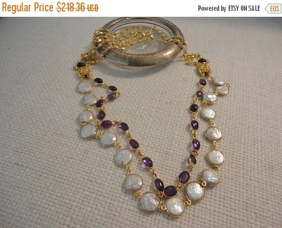 amethyst & pearl long necklace gold. layered by VeroniquesJewelry