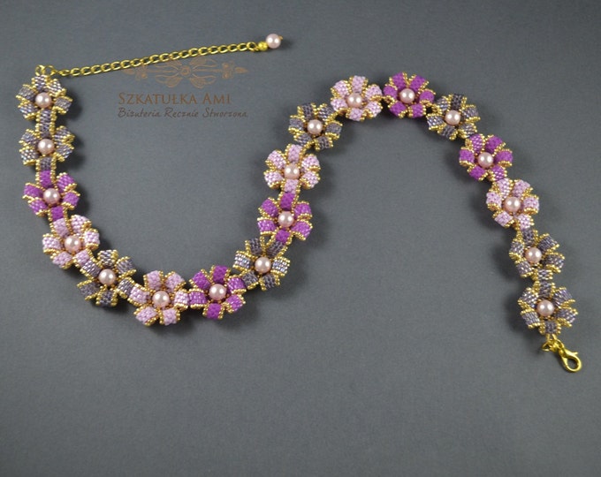 Flower necklace Gold Pink necklace Swarovsky Necklace Seed Beads necklace Pearl swarovsky Summer necklace beads swarovsky chokers necklace